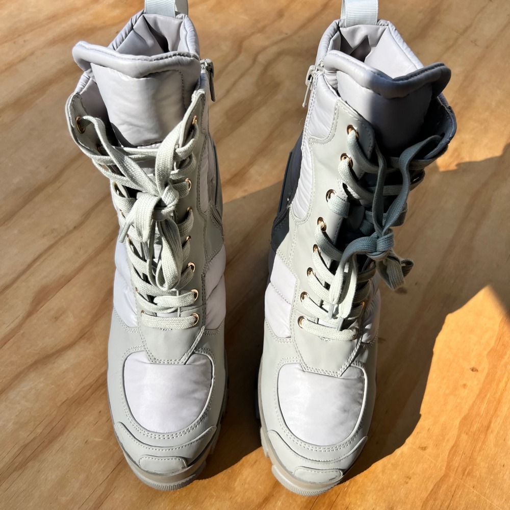 Grey Puffer Platform Ankle Boots Chunky Block Heel Lug Sole Lace Up Side Zip 7.5 - Picture 2 of 10